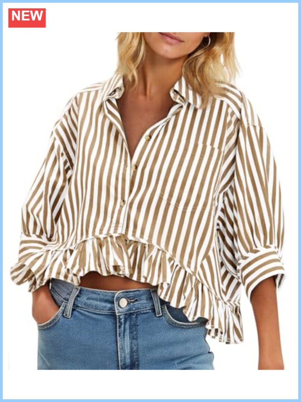 Women's Cropped Cotton Striped Button Down Shirt Ruffle 3/4 Sleeve